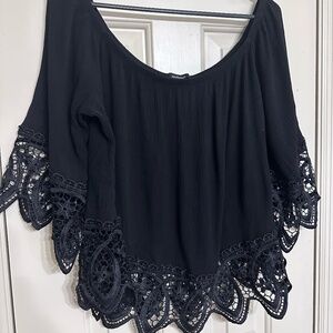 Black Off the Shoulder Top with Lace Trim